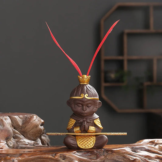 Ceramic Mythical Figure Monkey King Small Statue Porcelain Art Sculpture Cute home room, office decoration accessories