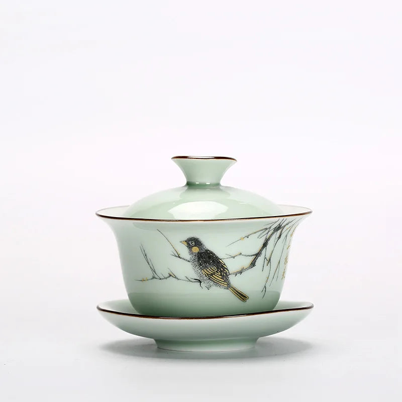 Ceramic Sancai Gaiwan Chinese Tea Tureen on-glazed Teaware Teacups Porcelain Handmade Kung Fu Flower Tea Bowl Cups