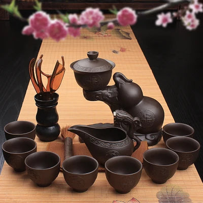 Ceramic Stoneware Tea Set Home Stone Mill Creative Teapot Kung Fu Teacup Semi-automatic Lazy Tea Maker High Quality Drinkware