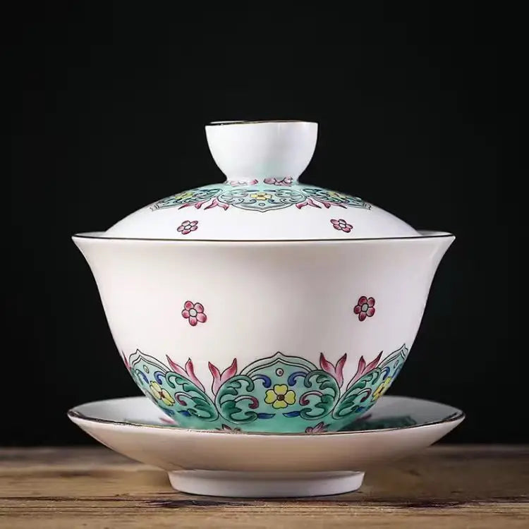 Ceramic Tea Tureen Chinese Kung Fu Tea Set Outline In Gold Sancai Gaiwan Tea Cup Tea Bowl with Lid Golden Magpie Tea Maker