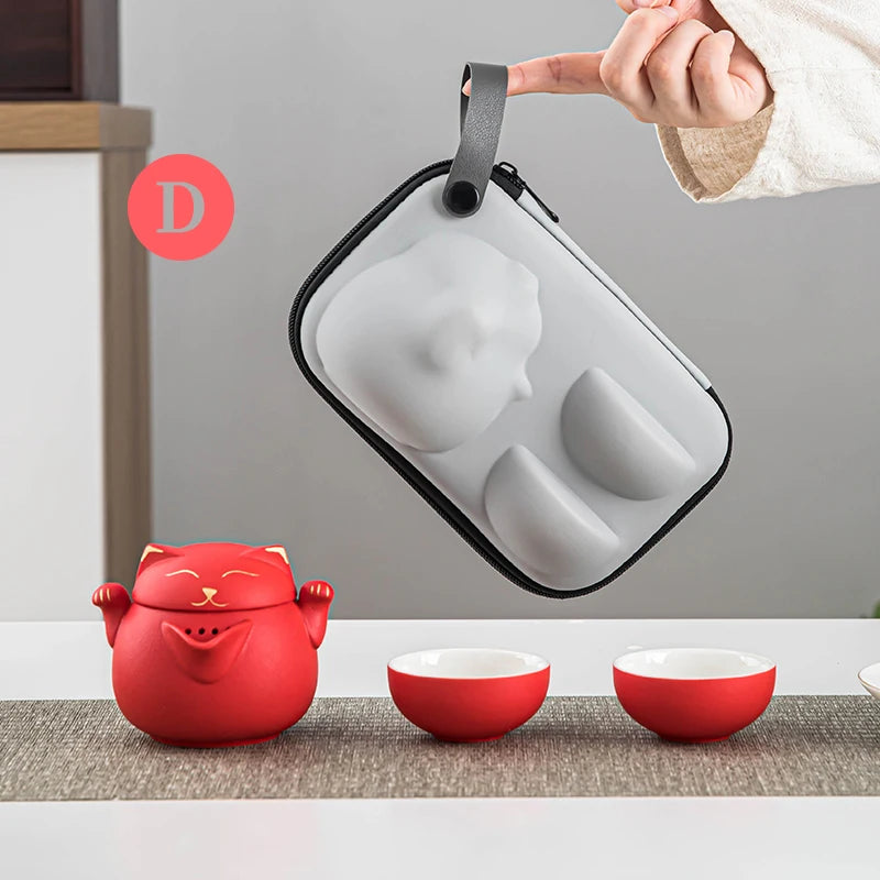 Ceramic Teapot with 2 Cups Cute Cat Portable Travel Tea Sets
