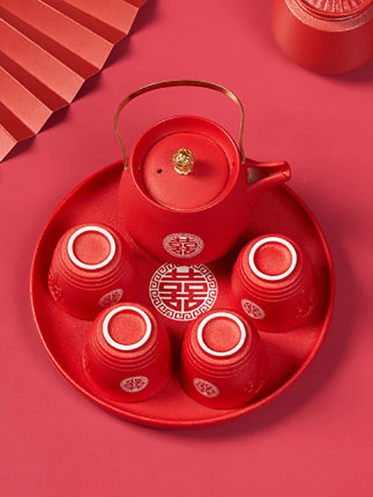 Ceramics Chinese Traditional Red Wedding Double Happiness Teapot Teacup Kettle Tea Ceremony Set Luxury Gifts For Bride and Groom