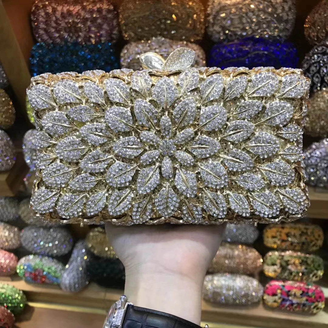 Champagne Purple Silver AB Diamond Birthday Prom Handbag Woman Flower Crystal Gala Banquet Purse Wedding Party Gift Evening Bag