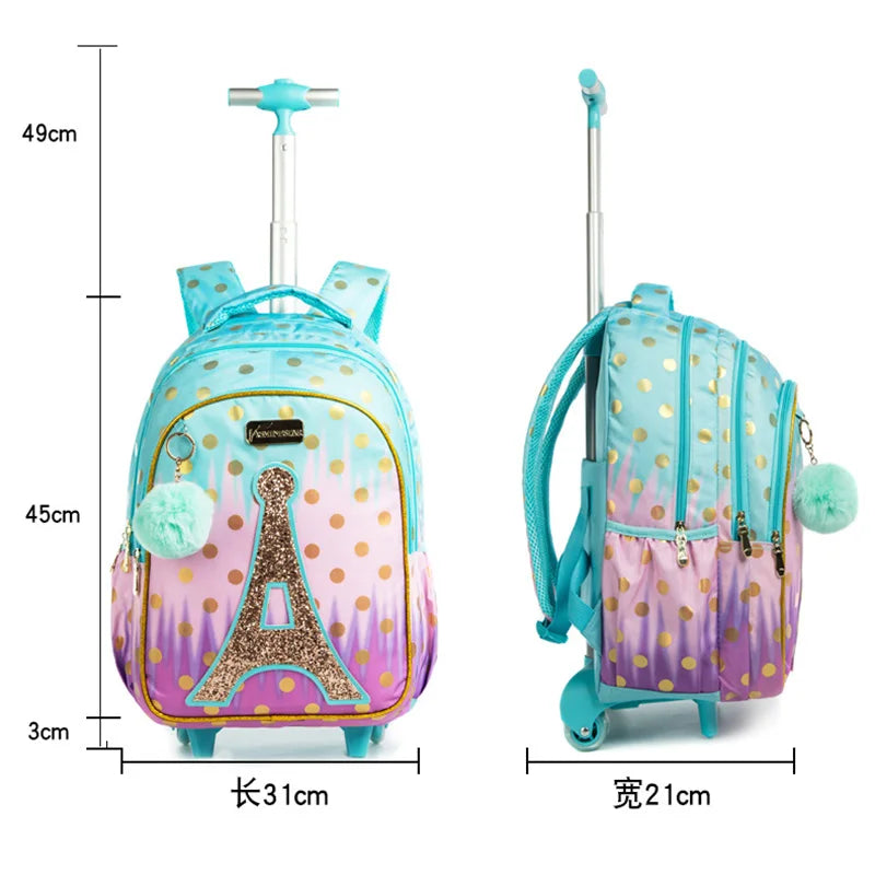 Children School Bags For Girls With Wheels Trolley Bag with Lunch Bag Schoolbag Set Teenagers Backpack Set Wheeled Backpack