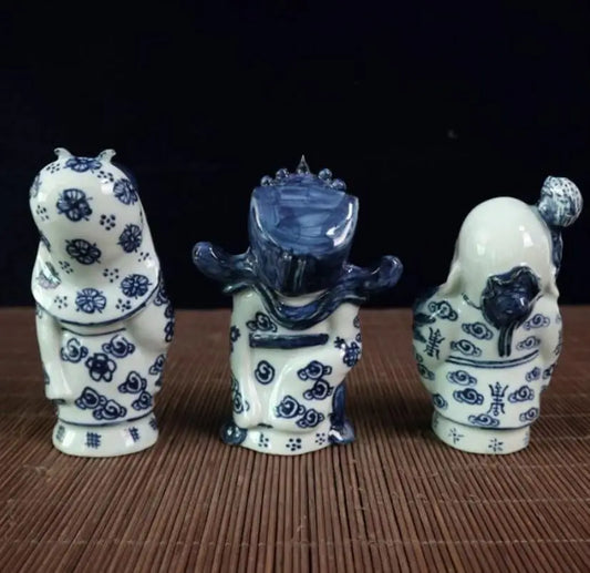 China Blue and white ceramic Fu lu shou three God crafts statue A set