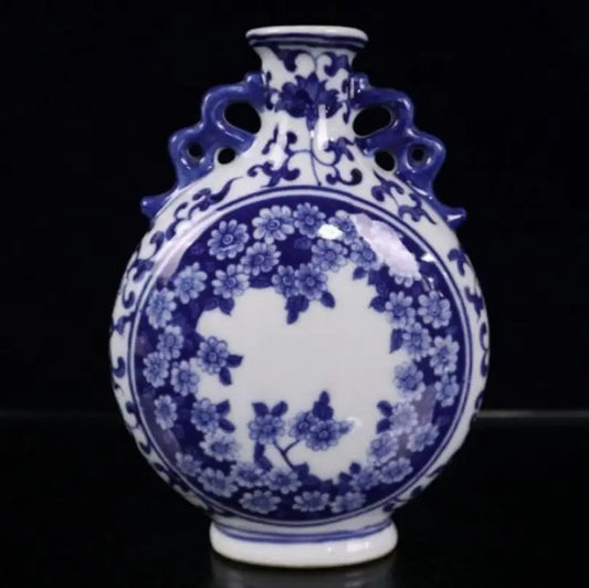 China Blue and white ceramic double ear flat vase crafts statue