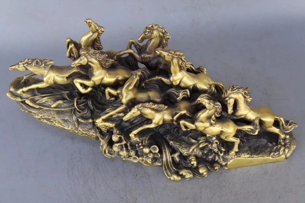 China Brass Copper Lucky Feng Shui Nine Horses sculpture Horse Art Statue