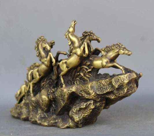 China Brass Copper Lucky Feng Shui Nine Horses sculpture Horse Art Statue