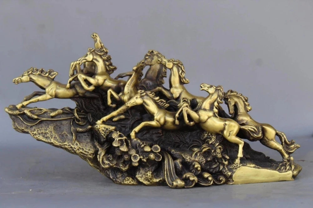 China Brass Copper Lucky Feng Shui Nine Horses sculpture Horse Art Statue