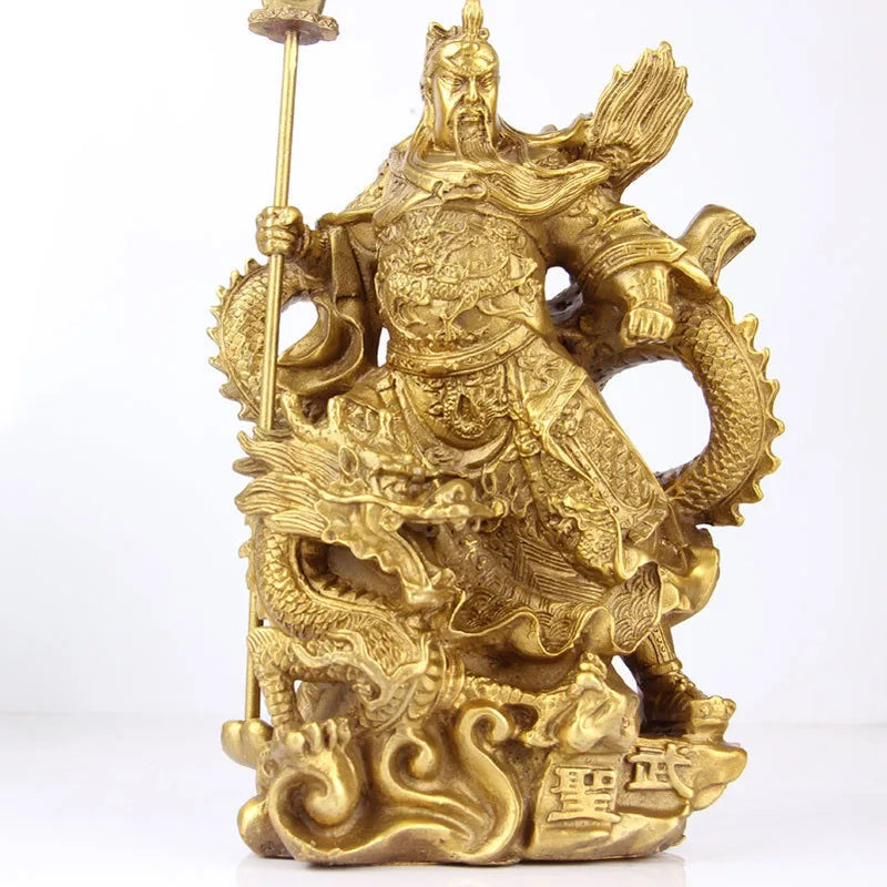China Brass Dragon Robe Stand Dragon Warrior Guan Gong Yu Door-God Sword Statue