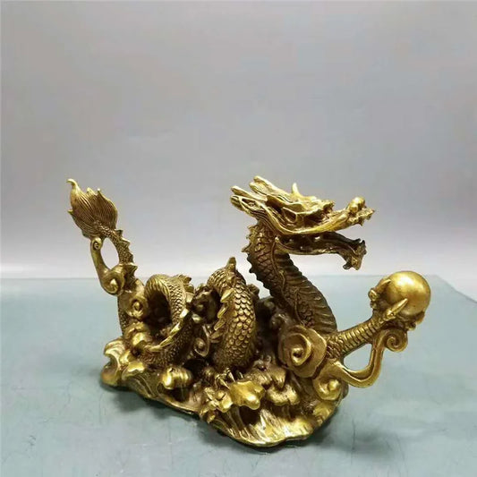 China Bronze Feng shui 12 Zodiac Year Dragon Chinese God Loong Beast Ball Statue