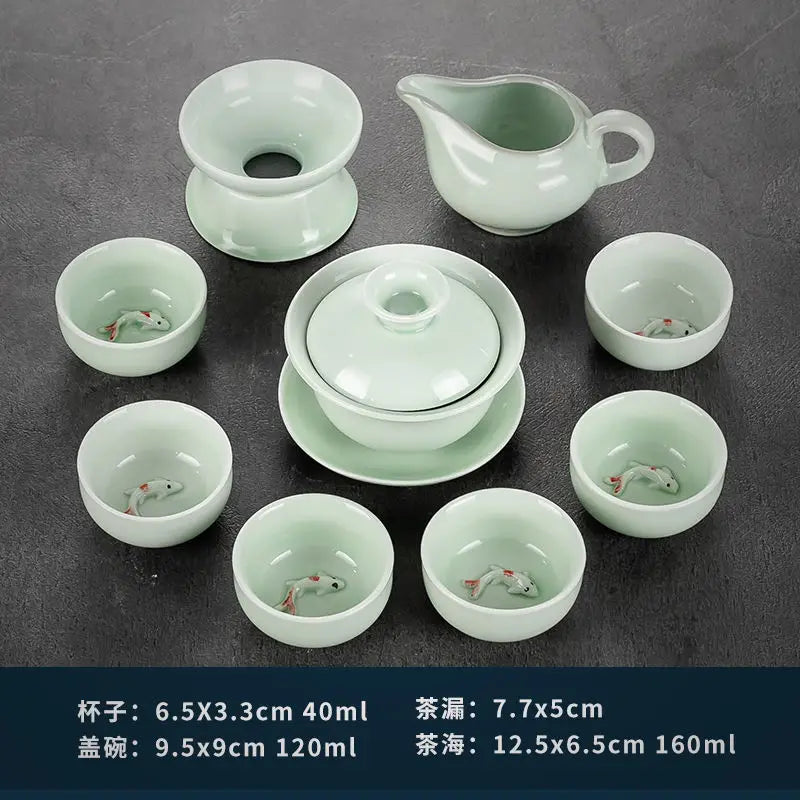 China Celadon Kung Fu Tea Set Ceramic Household Tureen Teapot Teacup Small Set Office Simple Tea Ceremony Tea Tray Set