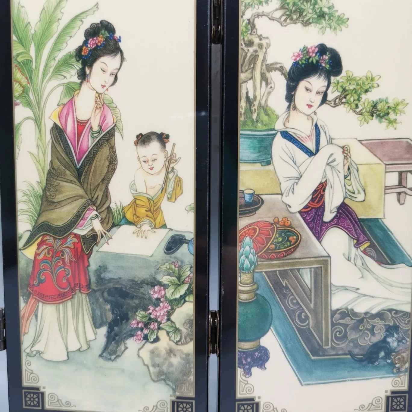 China Collect Exquisite Wooden Lacquerware Painting“Huaqing Bathing Concubine”Small Folding Screens Handicraft Home Decoration