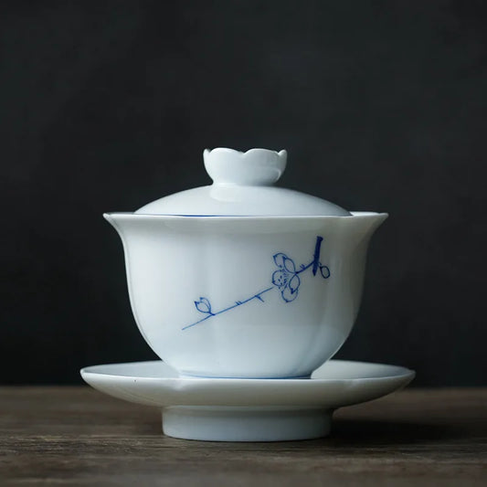 China Dehua Sancai gaiwan cup bowl with saucer lid handpainted celadon porcelain tureen creative petal shape bowl for green tea