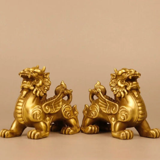 China Fengshui Bronze Pixiu Brave troops Unicorn Beast Statue Pair Ornament