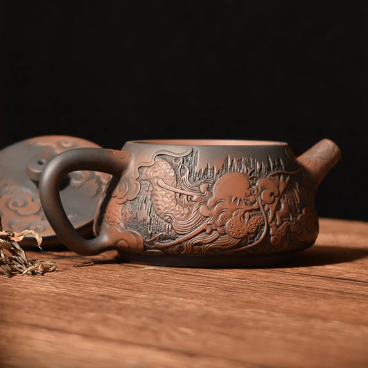 China Jianshui Purple Clay Black Ceramic Handmade Full Dragon Carving Teapot Kettle Porcelain Kung Fu Tea Set Drinkware