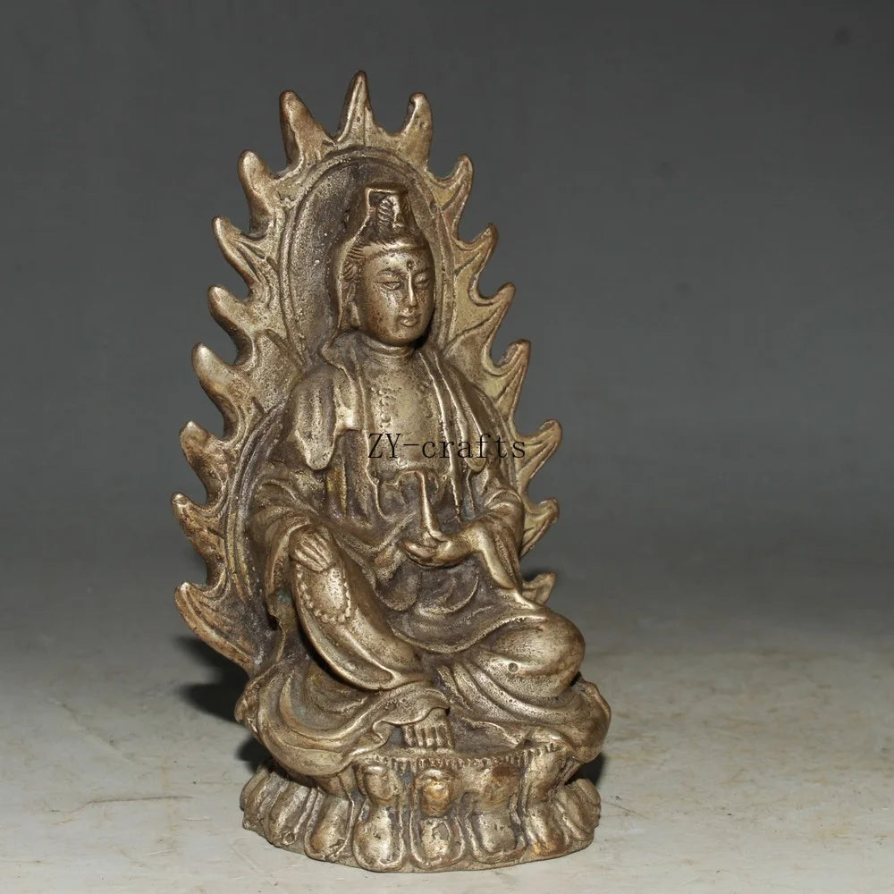 China Old Brass Lotus Guanyin Bodhisattva Buddha Statue