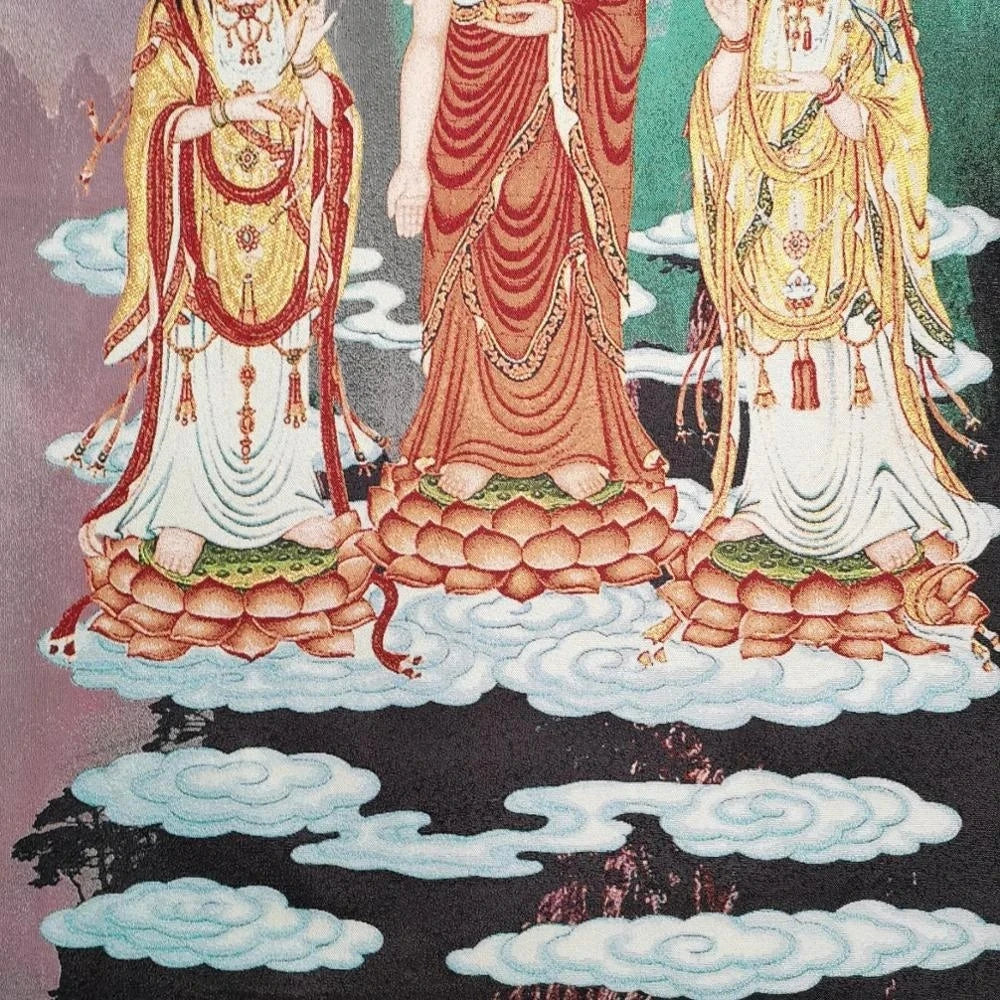 China Old Tibet Silk Thang Ka Like Hanging Painting Fengshui Three Sacred Buddha Guanyin God Statue Portrait