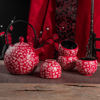 China Red Ceramic Tea Set Home Teapot 6 Teacups Kung Fu Black Tea Jin Jun Mei Teaware Creative Wedding New Wedding Gift Box