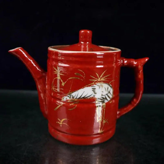China Red glaze ceramic crane teapot crafts statue A pair