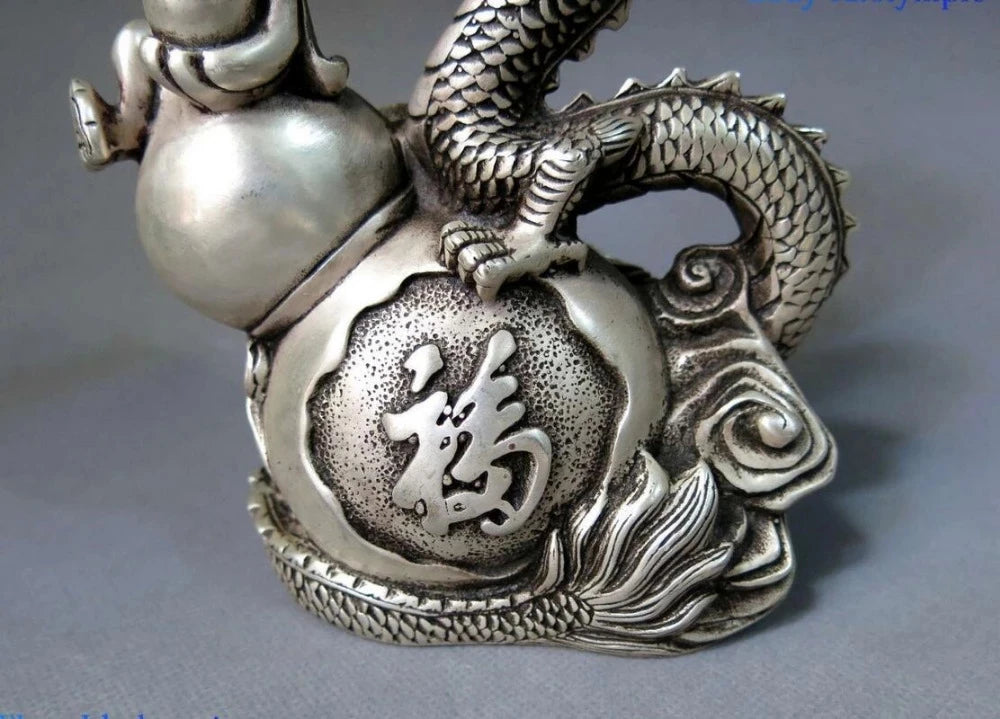 China Silver carved fine Feng Shui calabash lucky dragon play bead Statue
