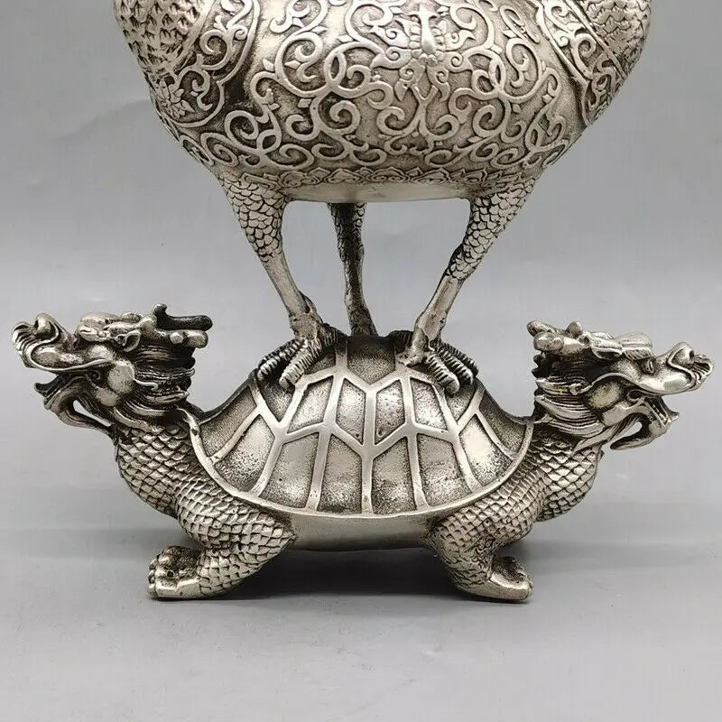 China White Copper Silver Turtle Crane Incense Burner Censer Bronze Statue