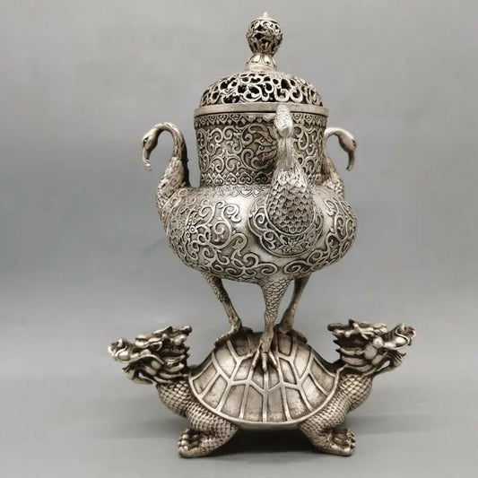 China White Copper Silver Turtle Crane Incense Burner Censer Bronze Statue