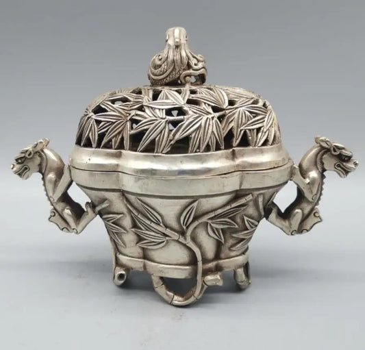 China White copper Hollow out bamboo Incense burner crafts statue