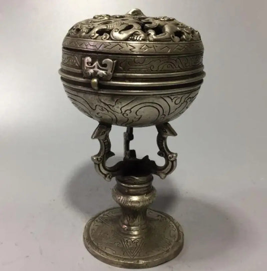 China White copper Hollow out beast lid incense furnace crafts statue