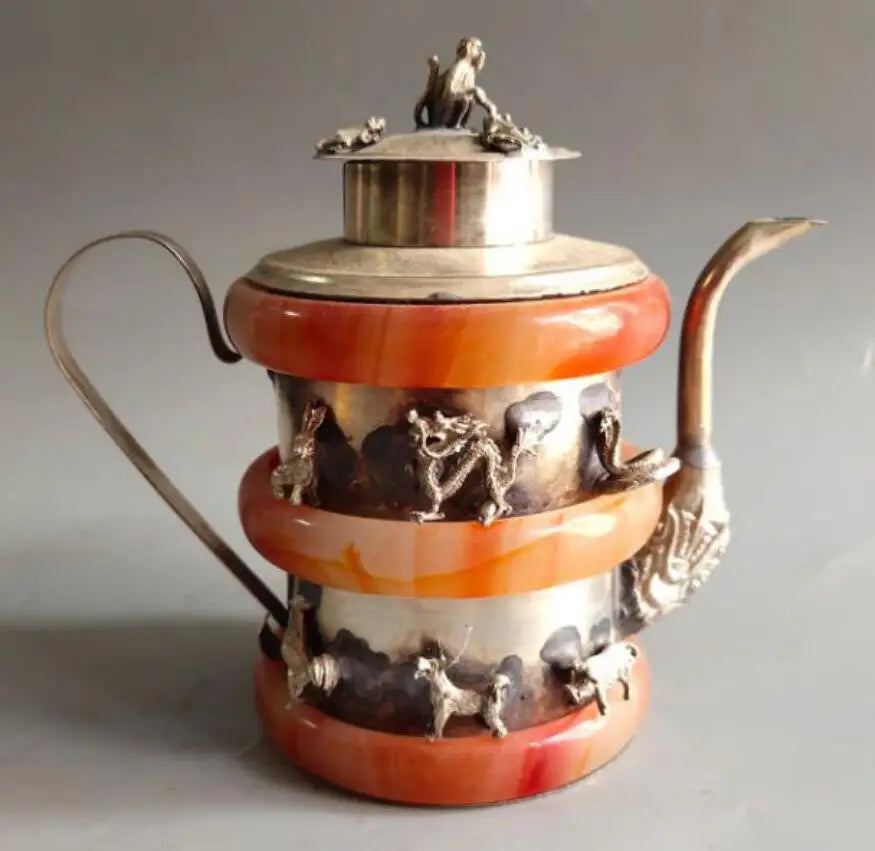 China White copper Mosaic red agate bracelet teapot crafts statue