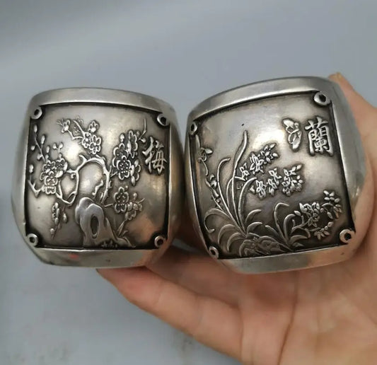 China White copper Plum, Orchid, Bamboo and Chrysanthemum tea cup crafts statue A set
