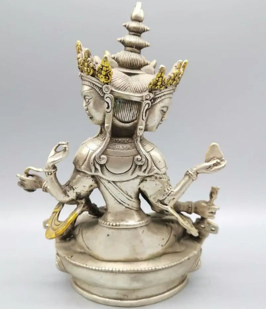 China White copper Three-faced Buddha crafts statue