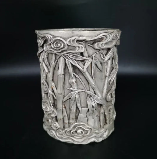 China White copper archaize bamboo Pen holder crafts statue