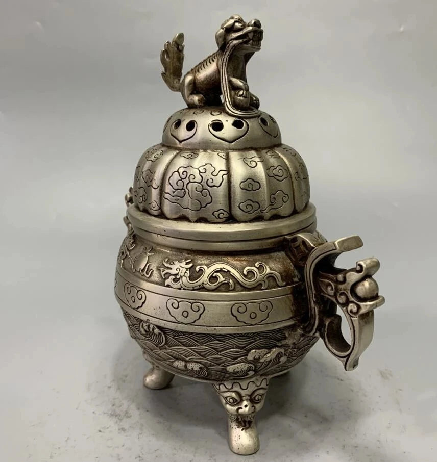 China White copper archaize beast lid Incense burner crafts statue