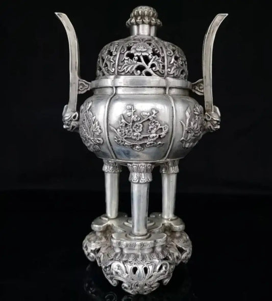 China White copper beast ear plum blossom Incense burner crafts statue