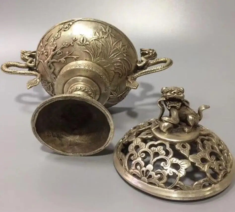 China White copper double dragon beast lid incense furnace crafts statue