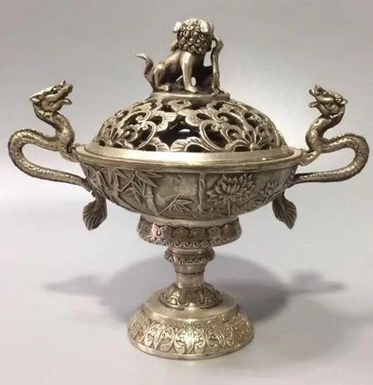 China White copper double dragon beast lid incense furnace crafts statue