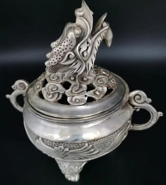 China White copper dragon head Incense burner crafts statue