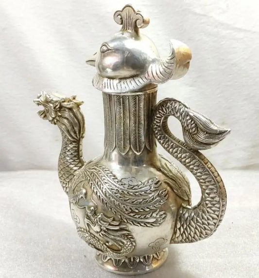 China White copper dragon phoenix teapot crafts statue