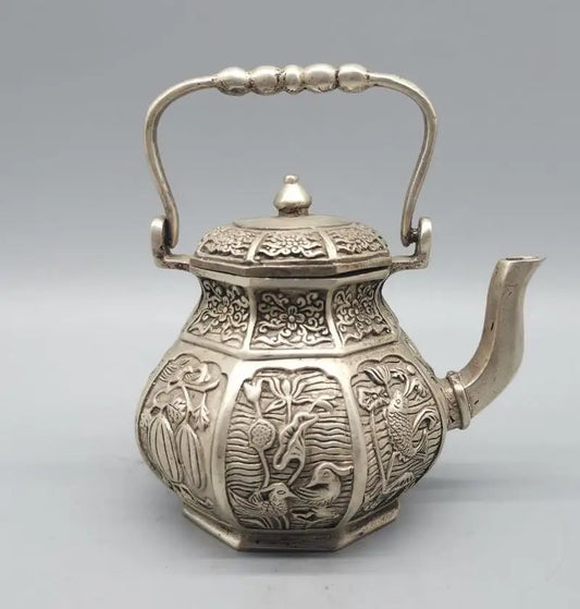China White copper fish lotus teapot crafts statue