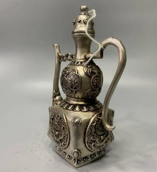 China White copper gourd shape dragon teapot crafts statue