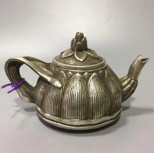 China White copper lotus petals shape teapot crafts statue