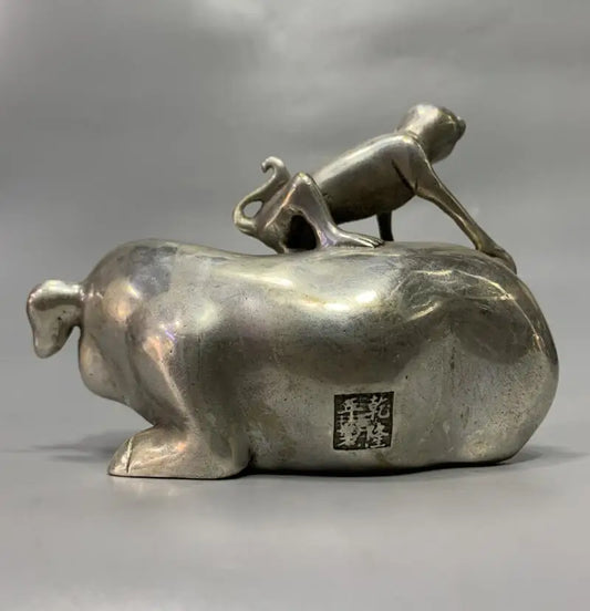 China White copper monkey Riding pig crafts statue