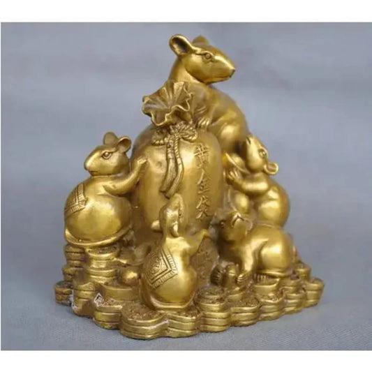 China Zodiac Five Rat Mouse Money Coin Bag Bronze Statue Free Shipping