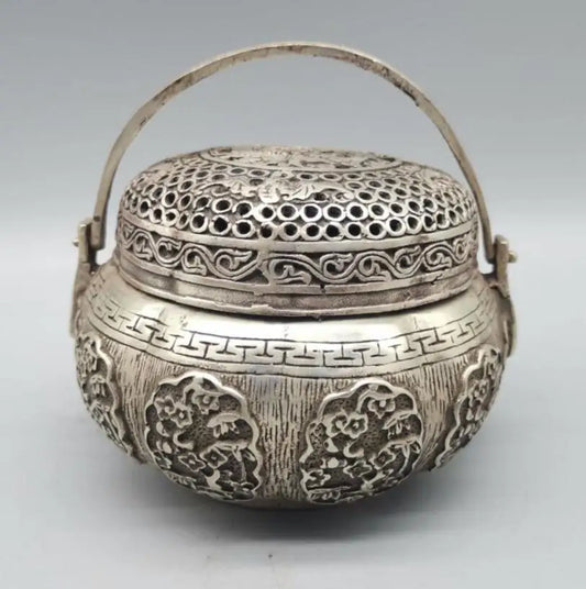 China archaize White copper Hollow out Incense burner crafts statue