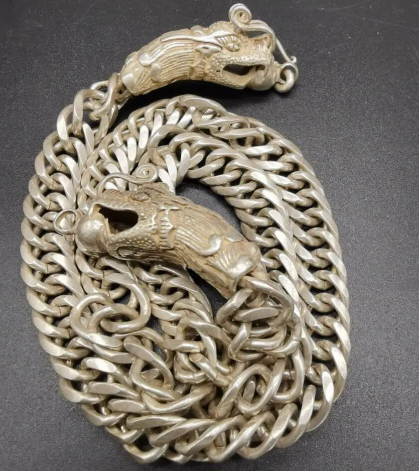 China archaize White copper double dragon head necklace