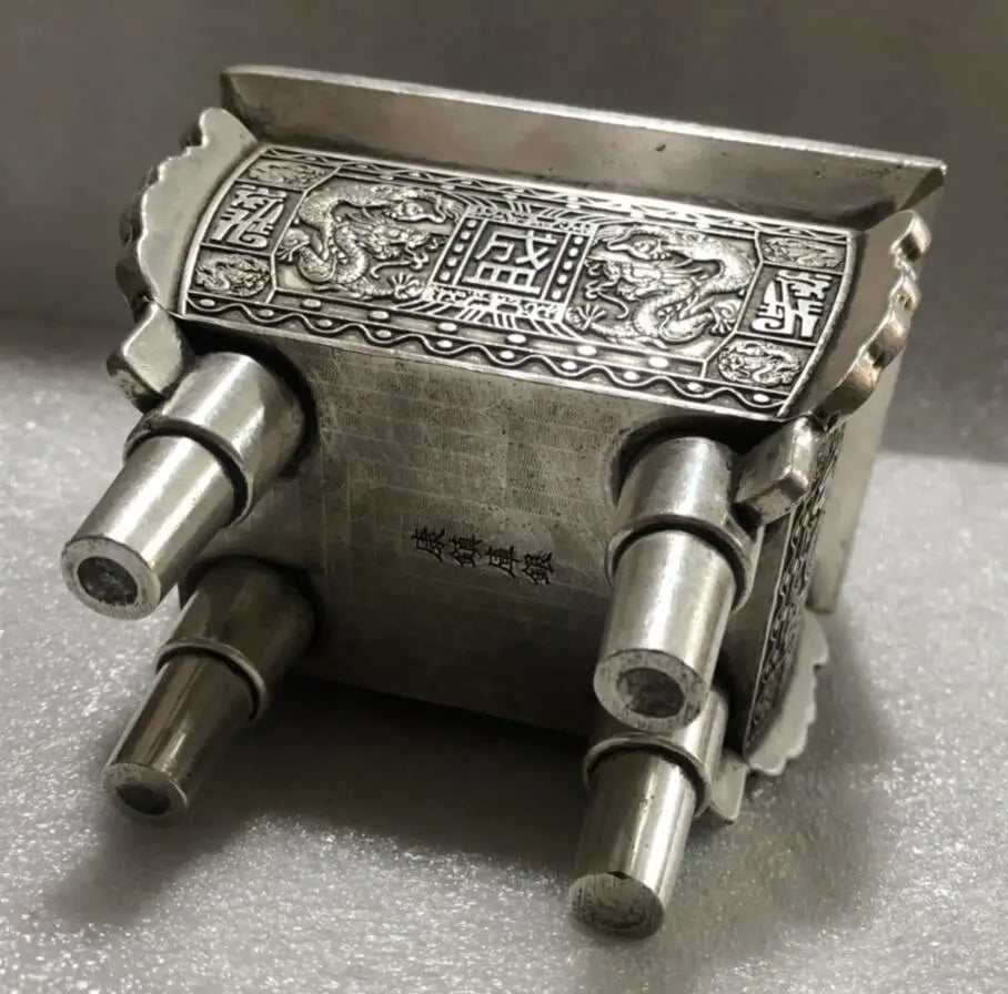 China archaize White copper double dragon incense burner crafts statue
