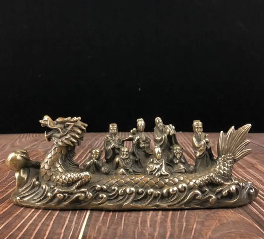 China archaize brass Dragon boat eight immortals crafts statue