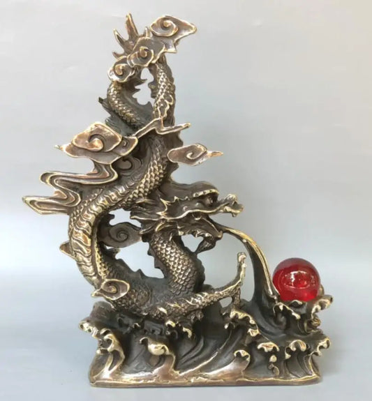 China archaize brass dragon play bead crafts statue