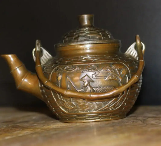 China brass Bamboo basket shape teapot crafts statue
